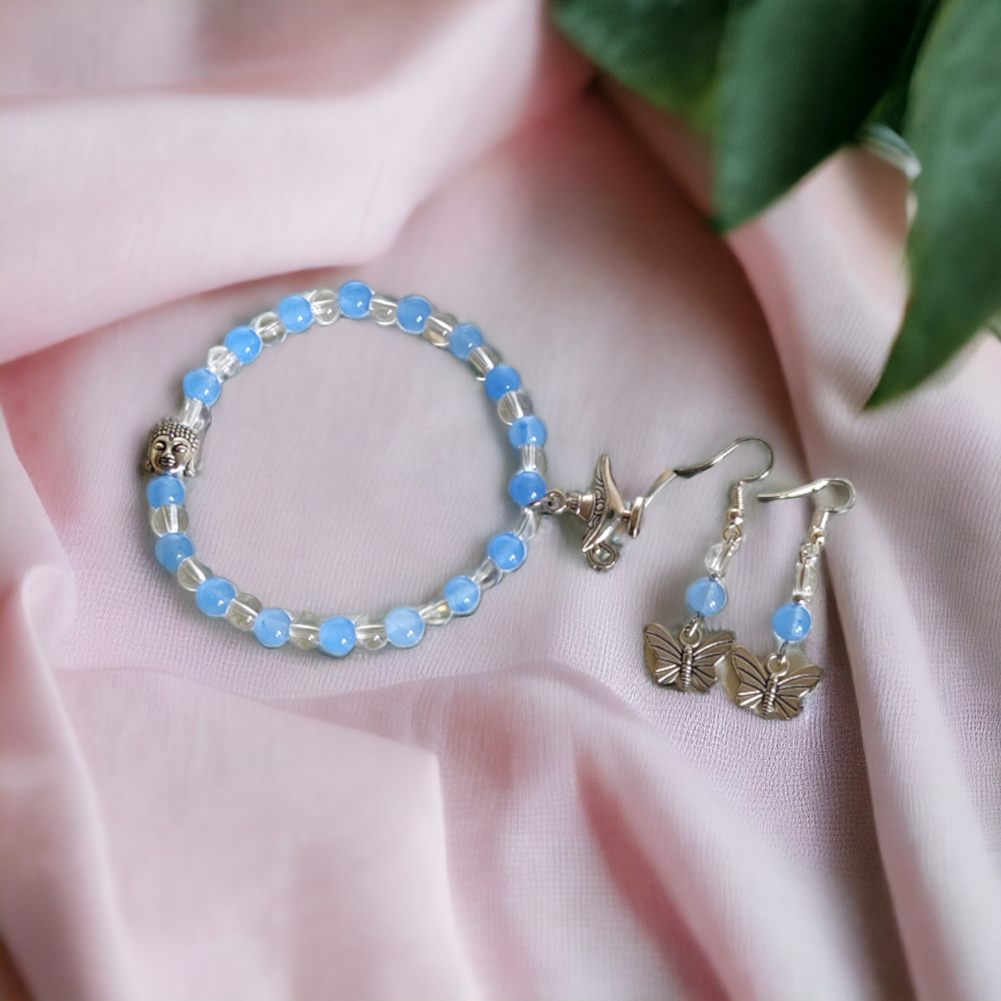 Blue Glass Beads Bracelet & Earrings Set Adorned With Cute Metal Charms