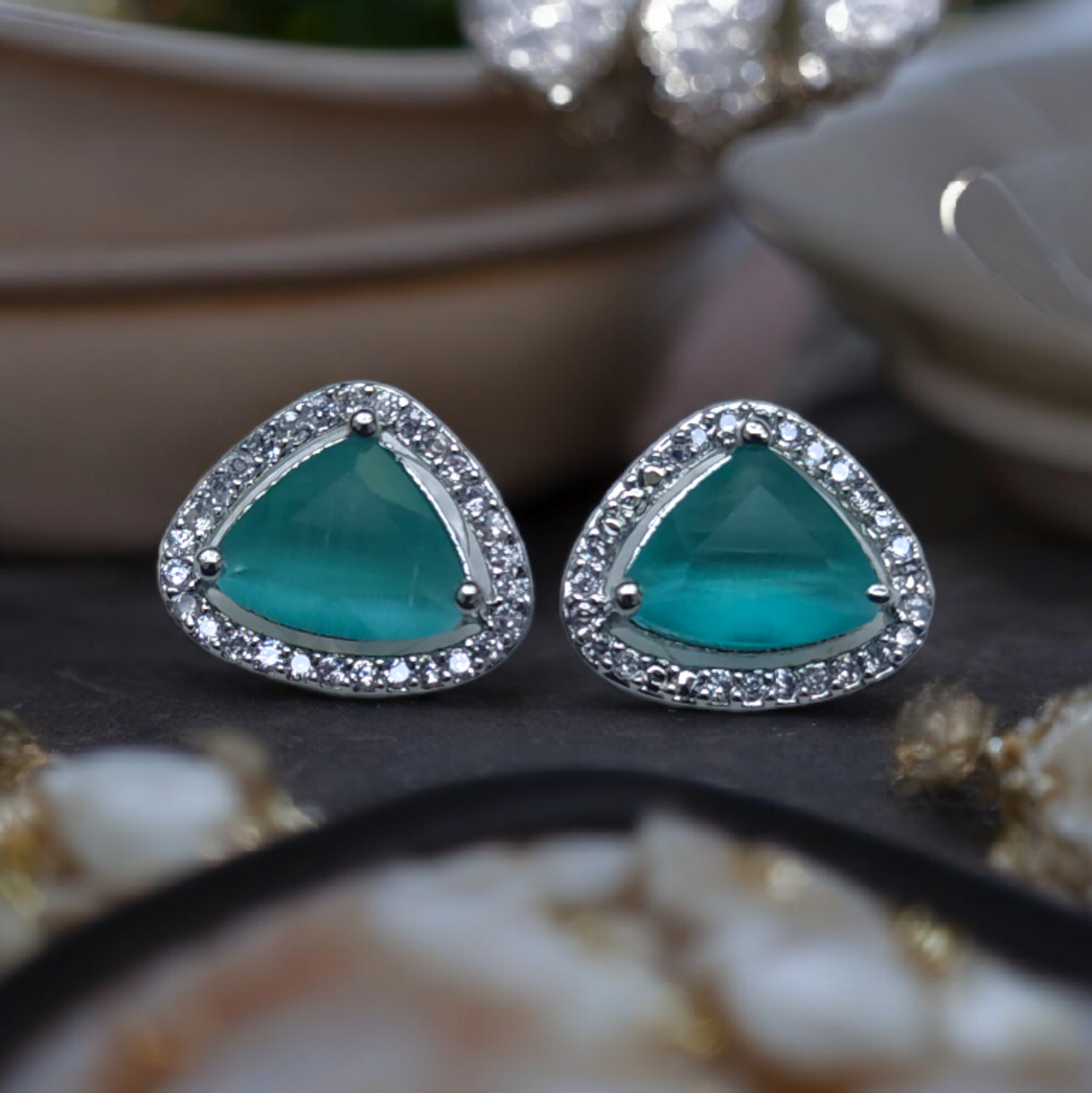 Cute Sea Green Stone American Diamond Earrings
