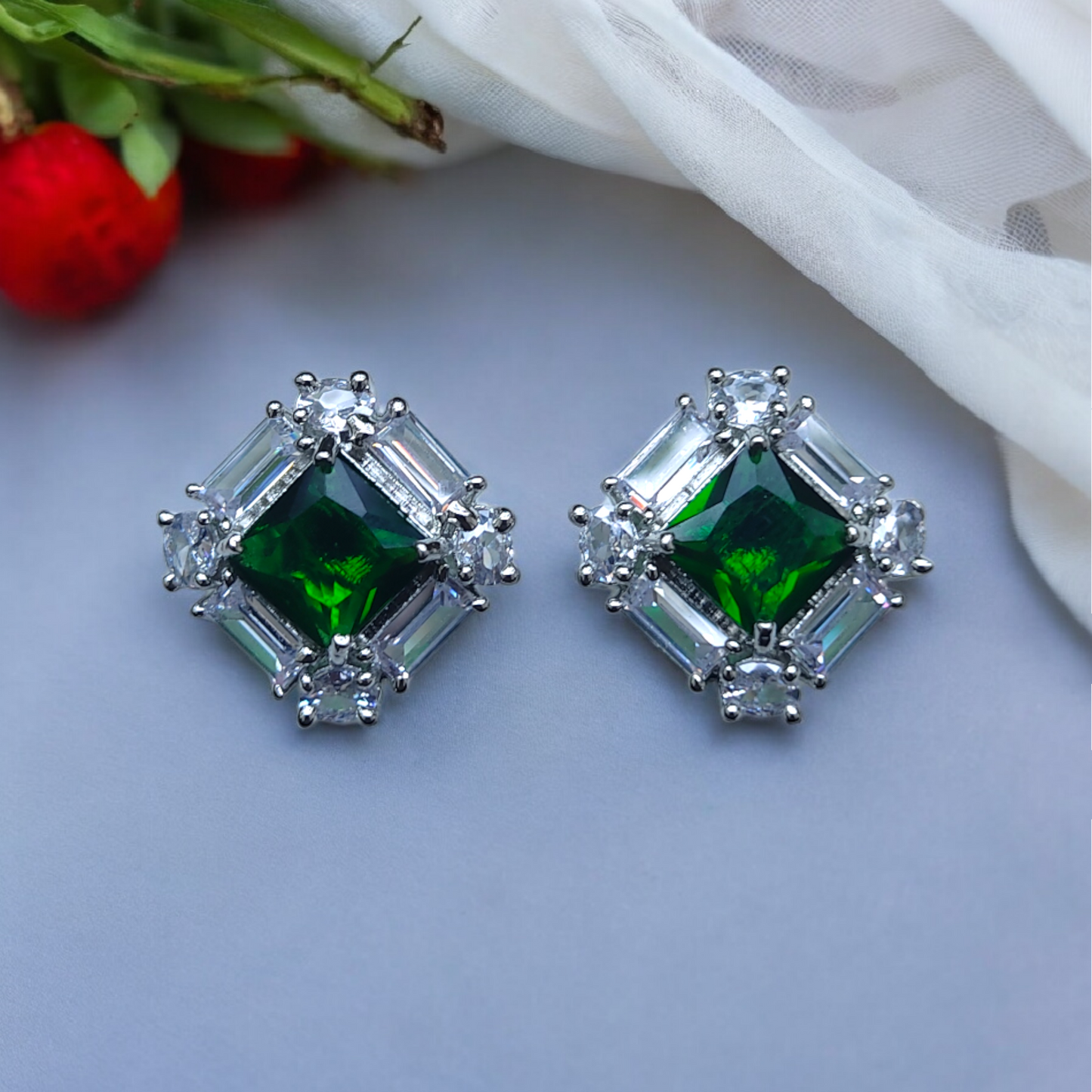 Elegant Green Stone American Diamond Earrings