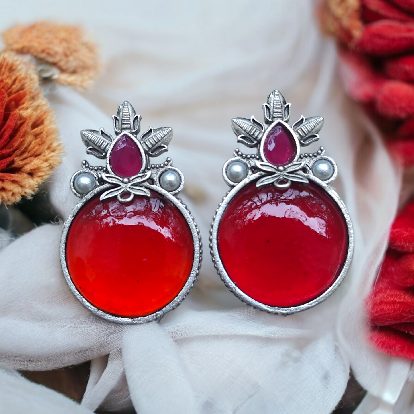 Silver Replica Red Kundan Earring - XJ67
