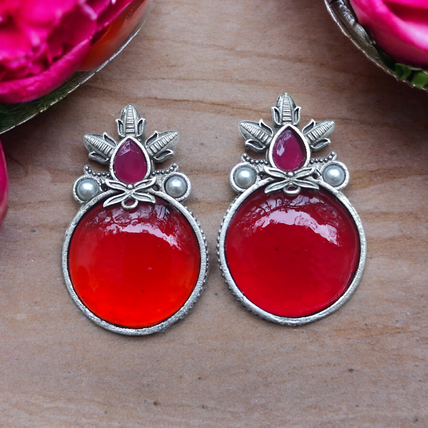 Silver Replica Red Kundan Earring - XJ67