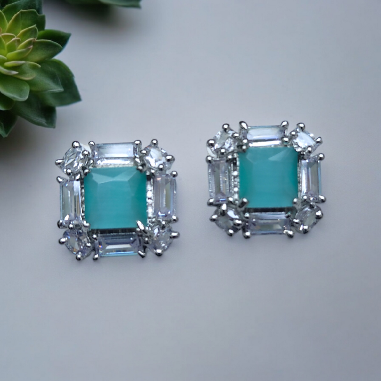 Stunning Sea Green Stone American Diamond Earrings