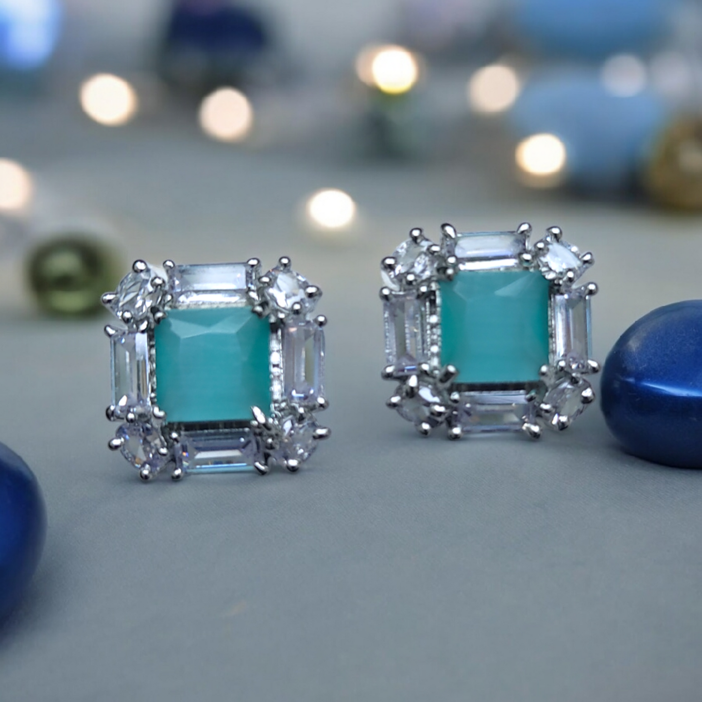 Stunning Sea Green Stone American Diamond Earrings