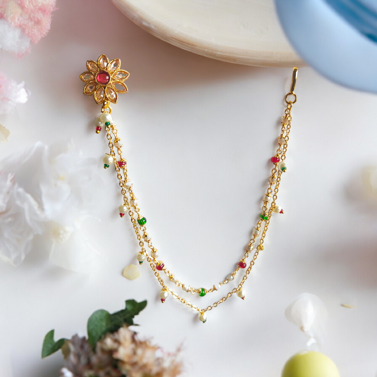 Gold Plated Red Stone Chained Nose Ring