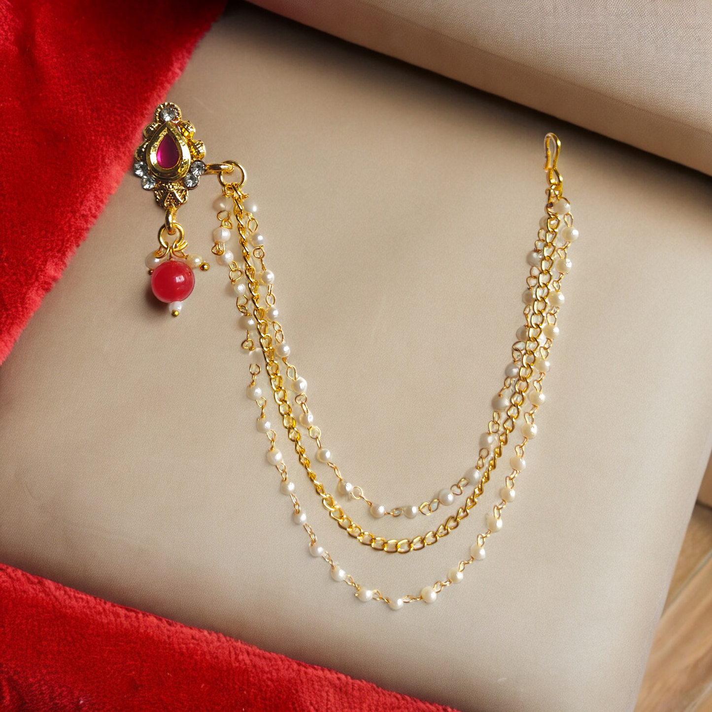 Gold Plated Red Kundan Chained Nose Ring