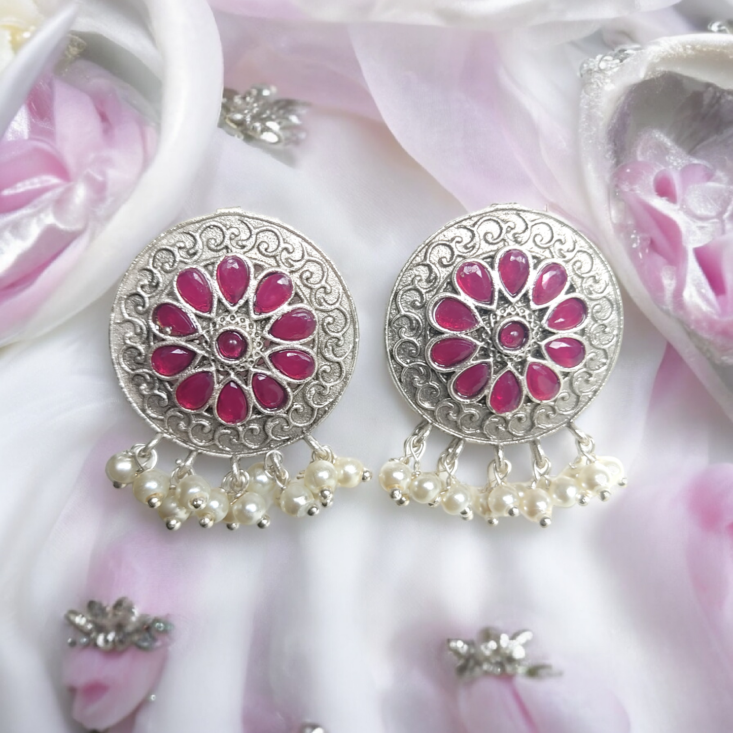 Silver Replica Red Kundan & Pearl Earring - XJ68