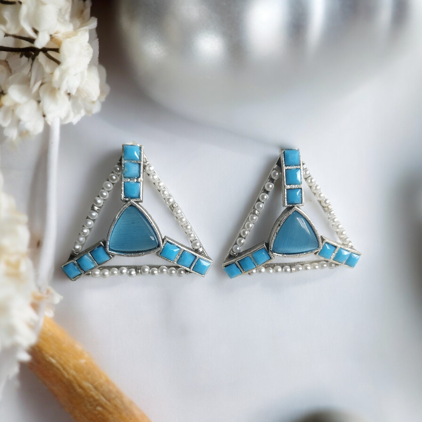 Silver Replica Blue Kundan Earring - XJ65