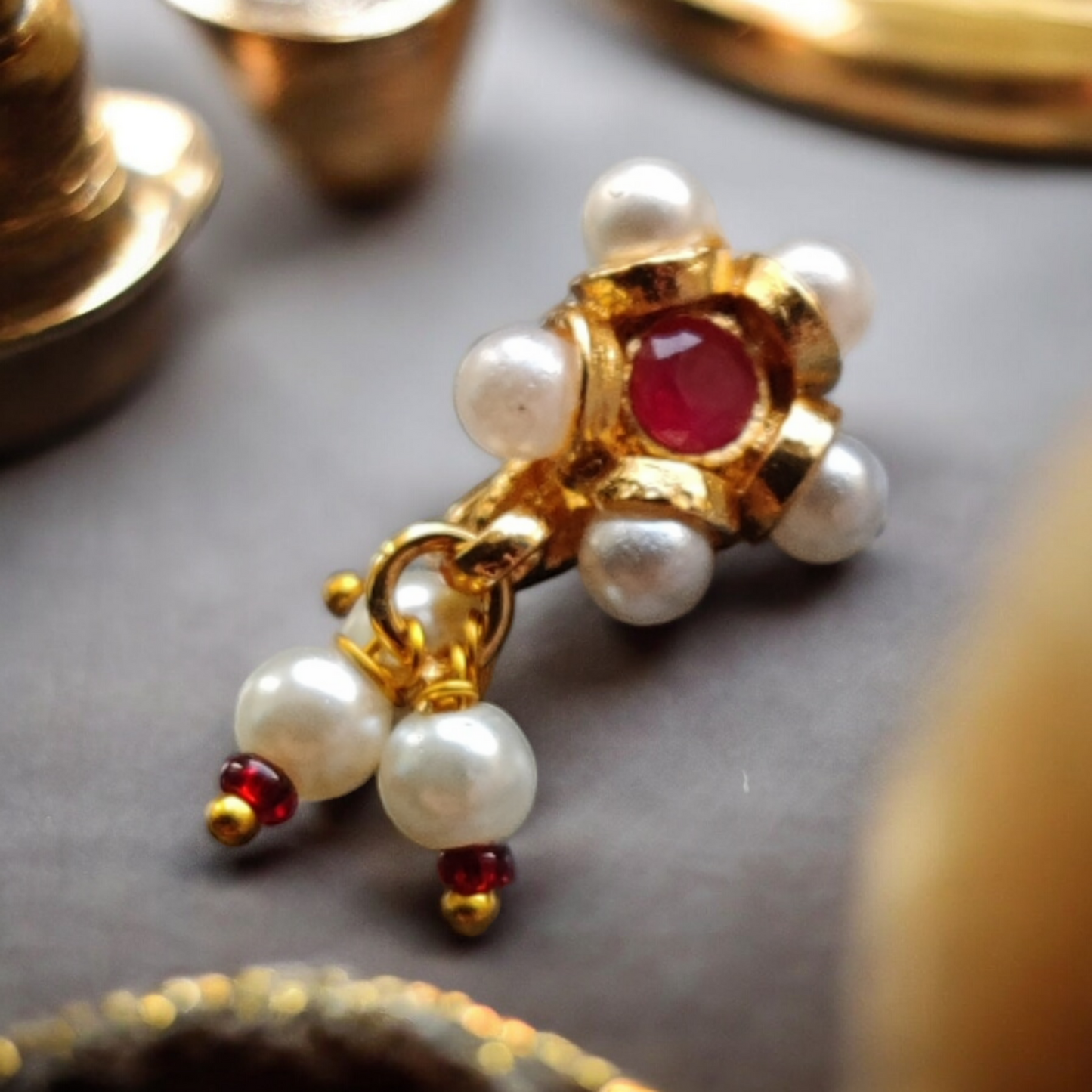 Red Stone & Pearls Nose Pin