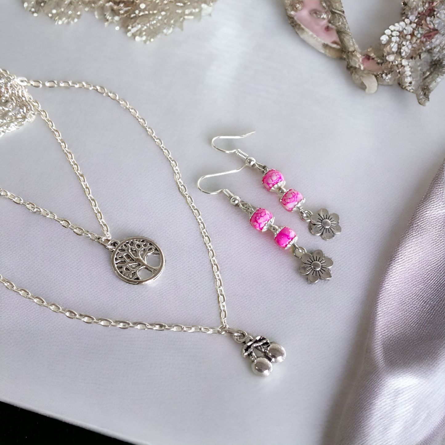 Pink Beads Earrings & An Artificial Silver Chain