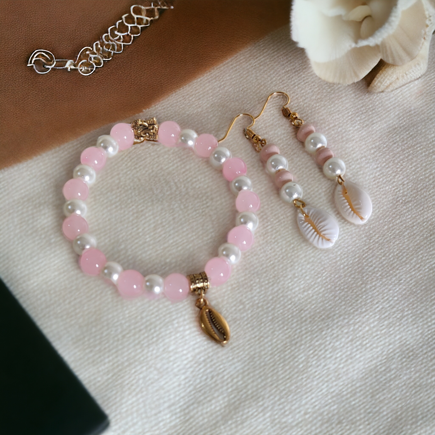 Pink Beads, Pearls With Cowrie Bracelet & Earrings Set
