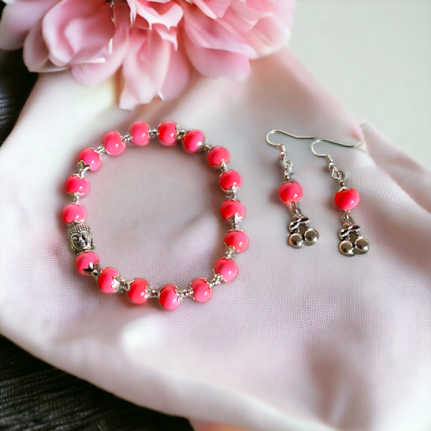Pink Clay Beads Bracelet & Earrings Set Adorned With Cute Metal Charms
