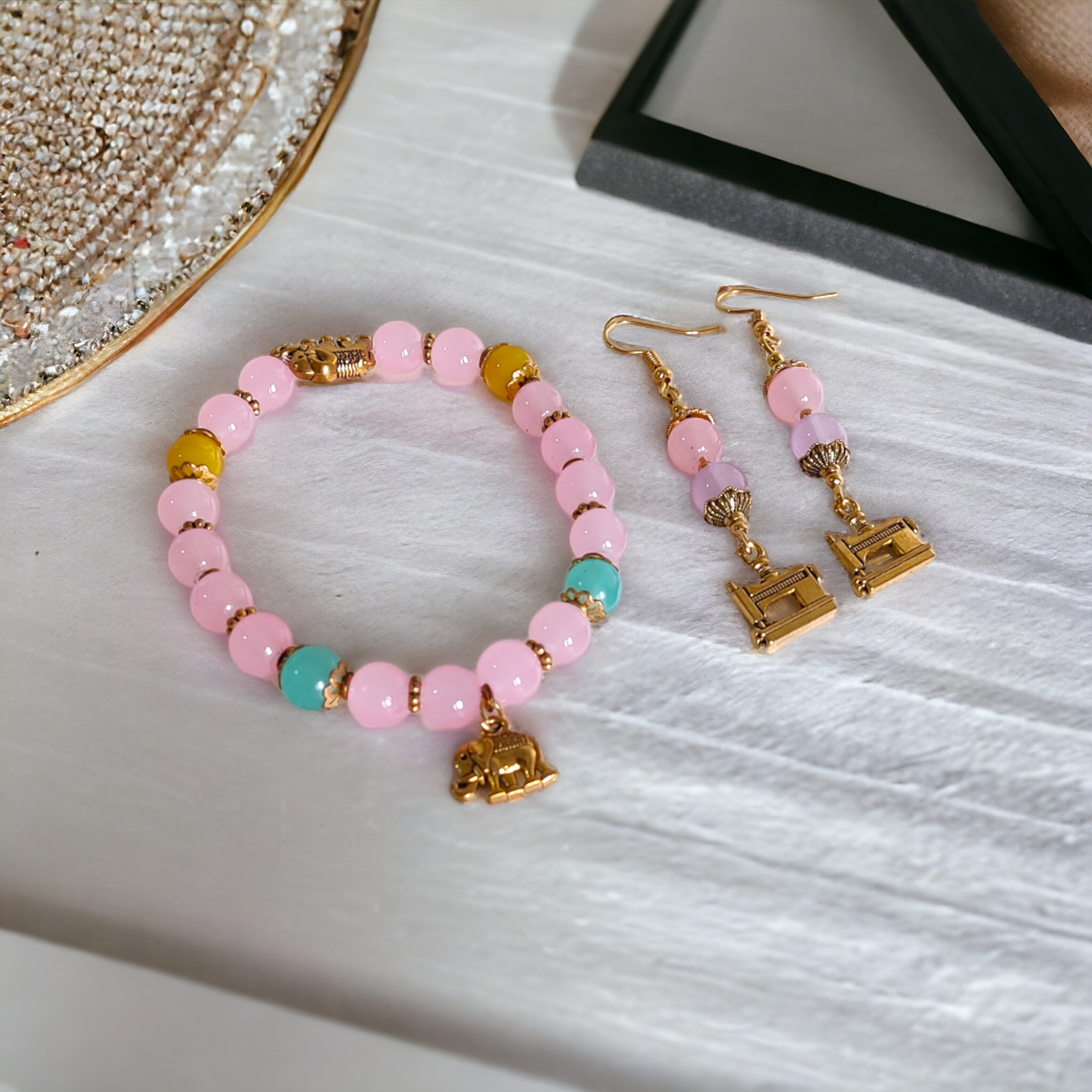 Pink Glass Beads Bracelet & Earrings Set