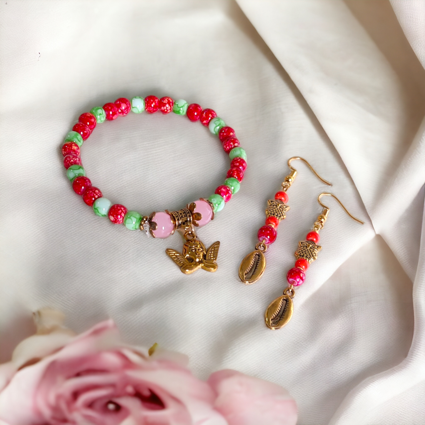 Red & Green Clay Beads Bracelet & Earrings Set