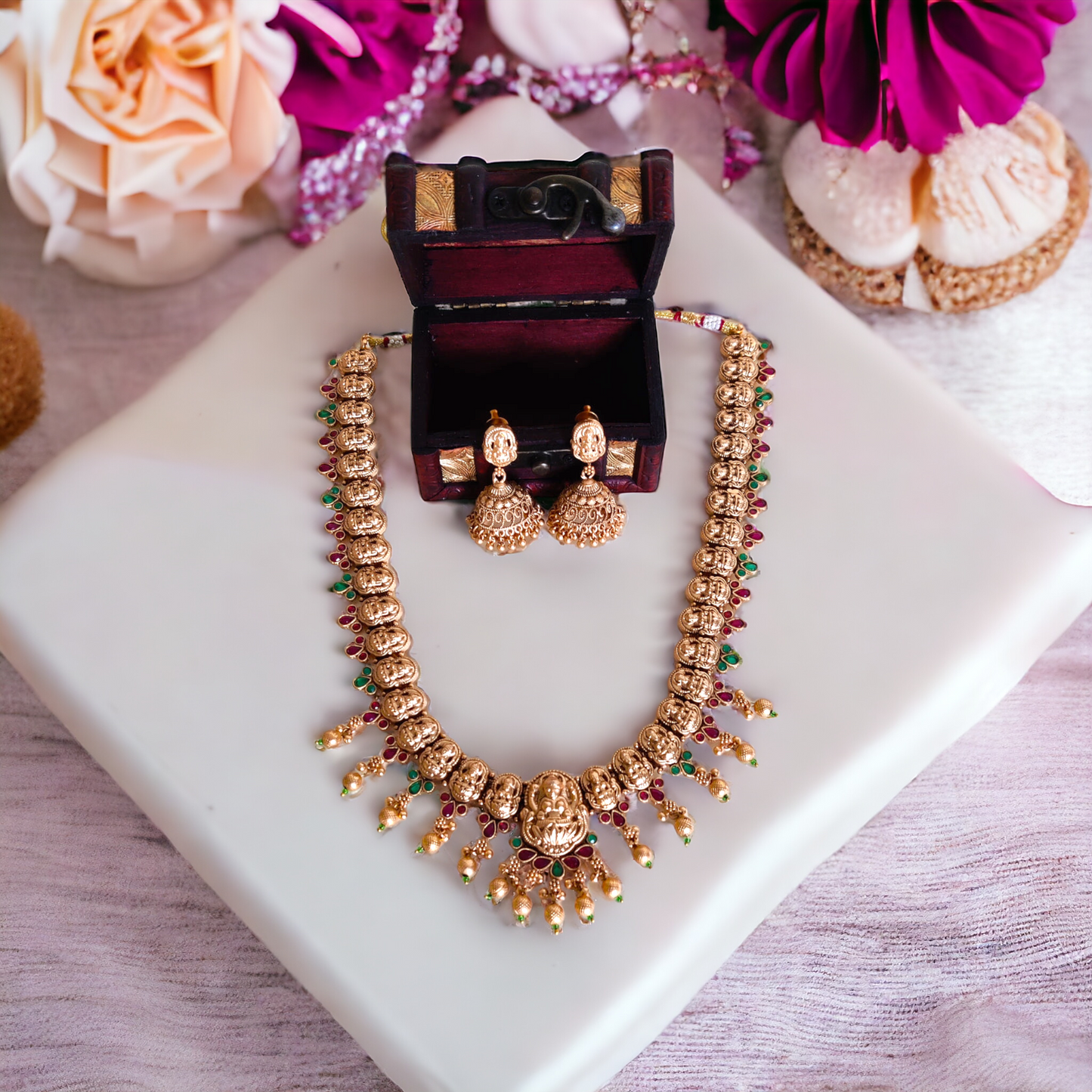 Red & Green Kundan Lakshmi Necklace Set - Matte Finish TS13