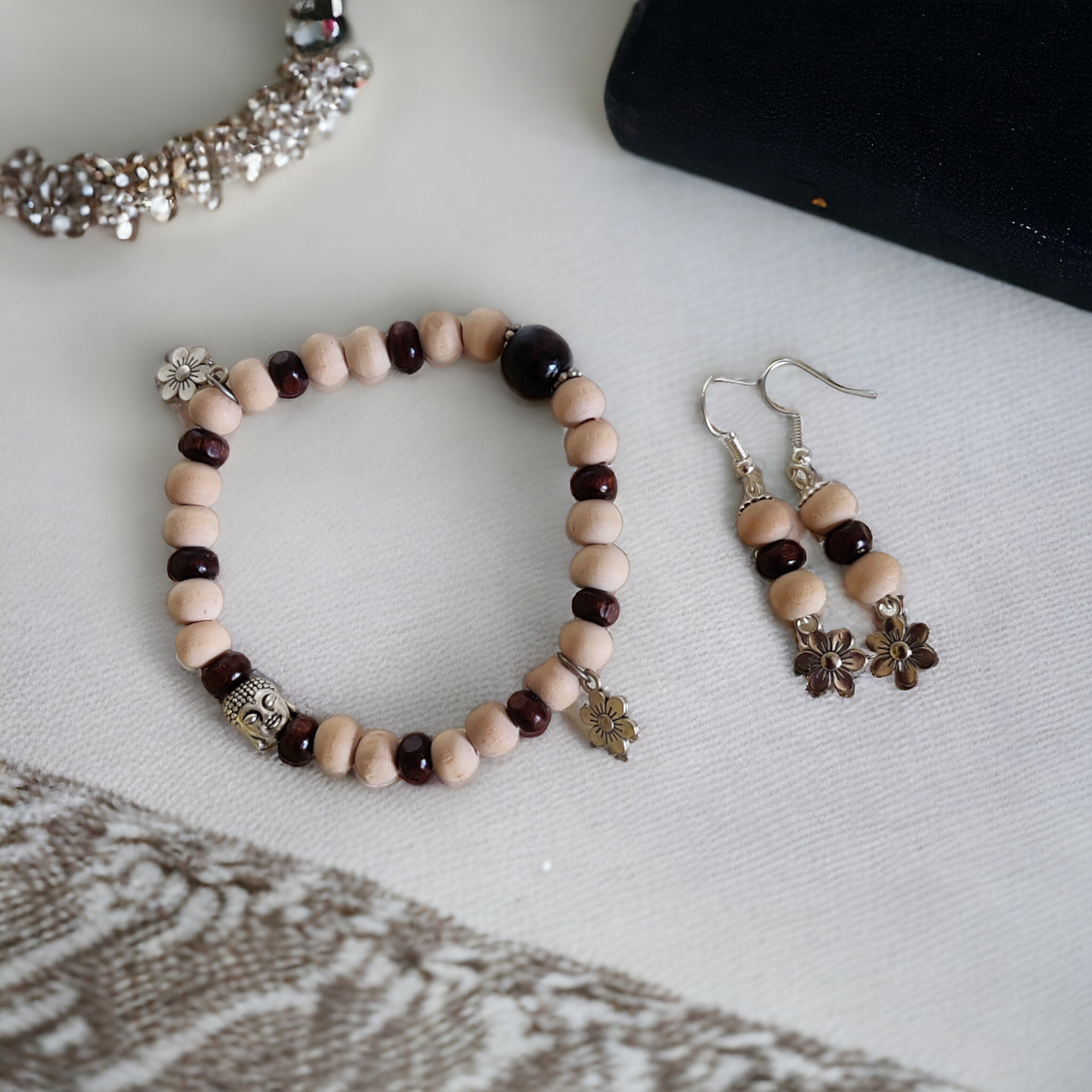 Wooden Beads Bracelet & Earrings Set Adorned With Cute Metal Charms