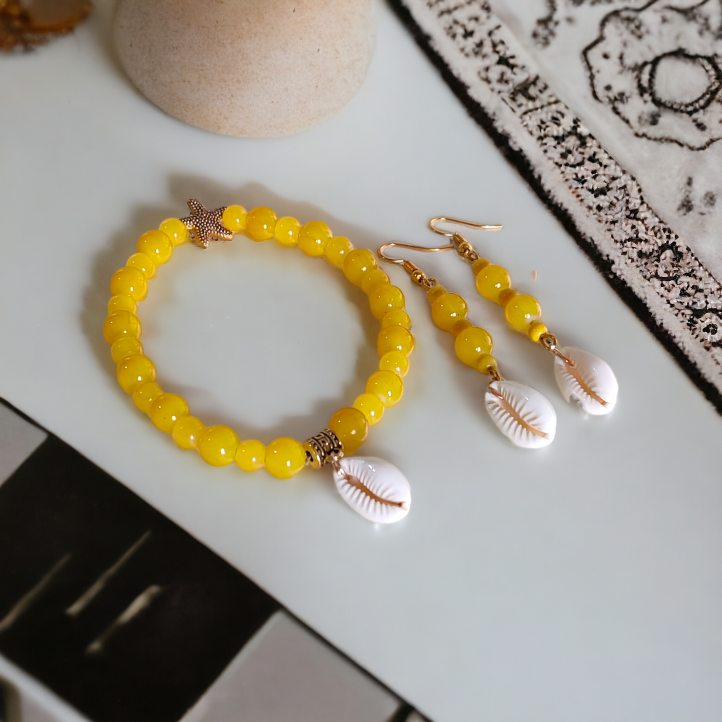 Yellow Glass Beads Bracelet & Earrings Set