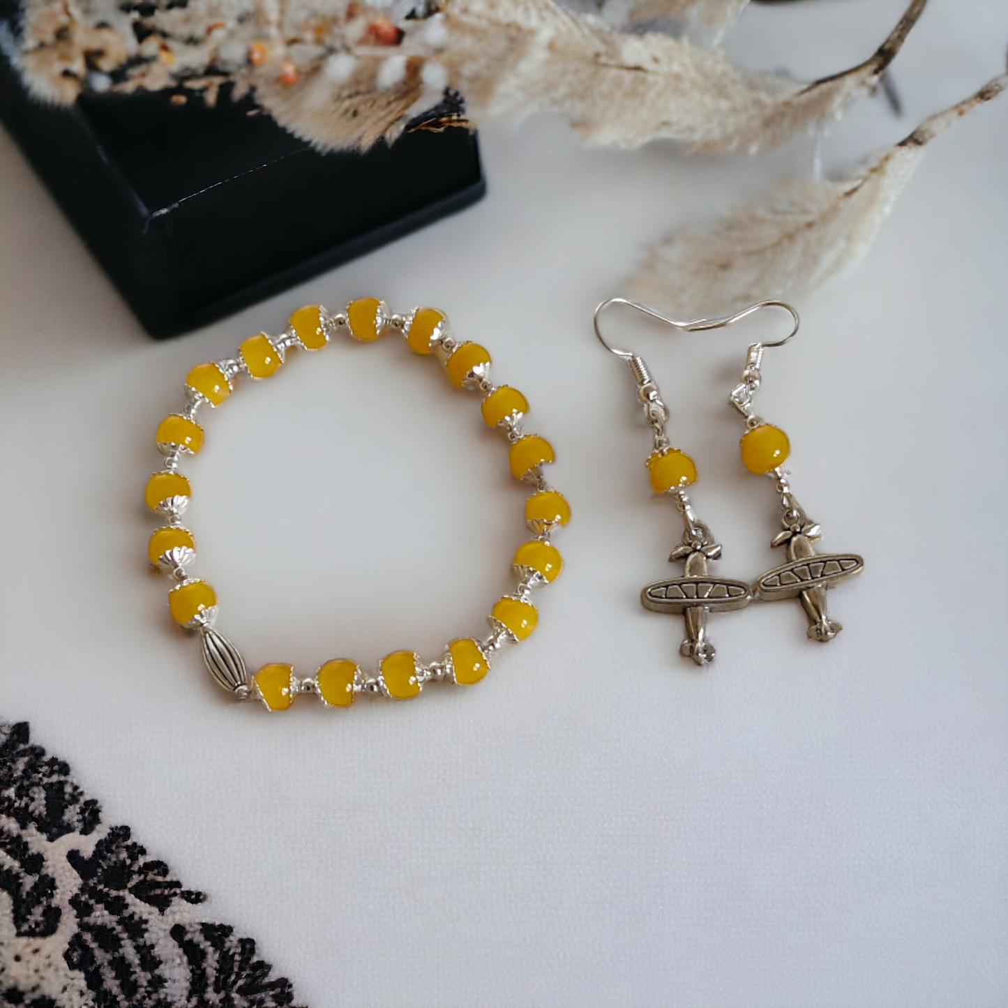 Yellow Glass Beads Bracelet & Earrings Set Adorned With Cute Metal Charms