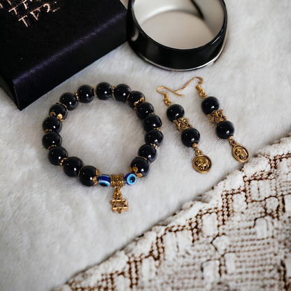 Black Beads Bracelet & Earrings Set