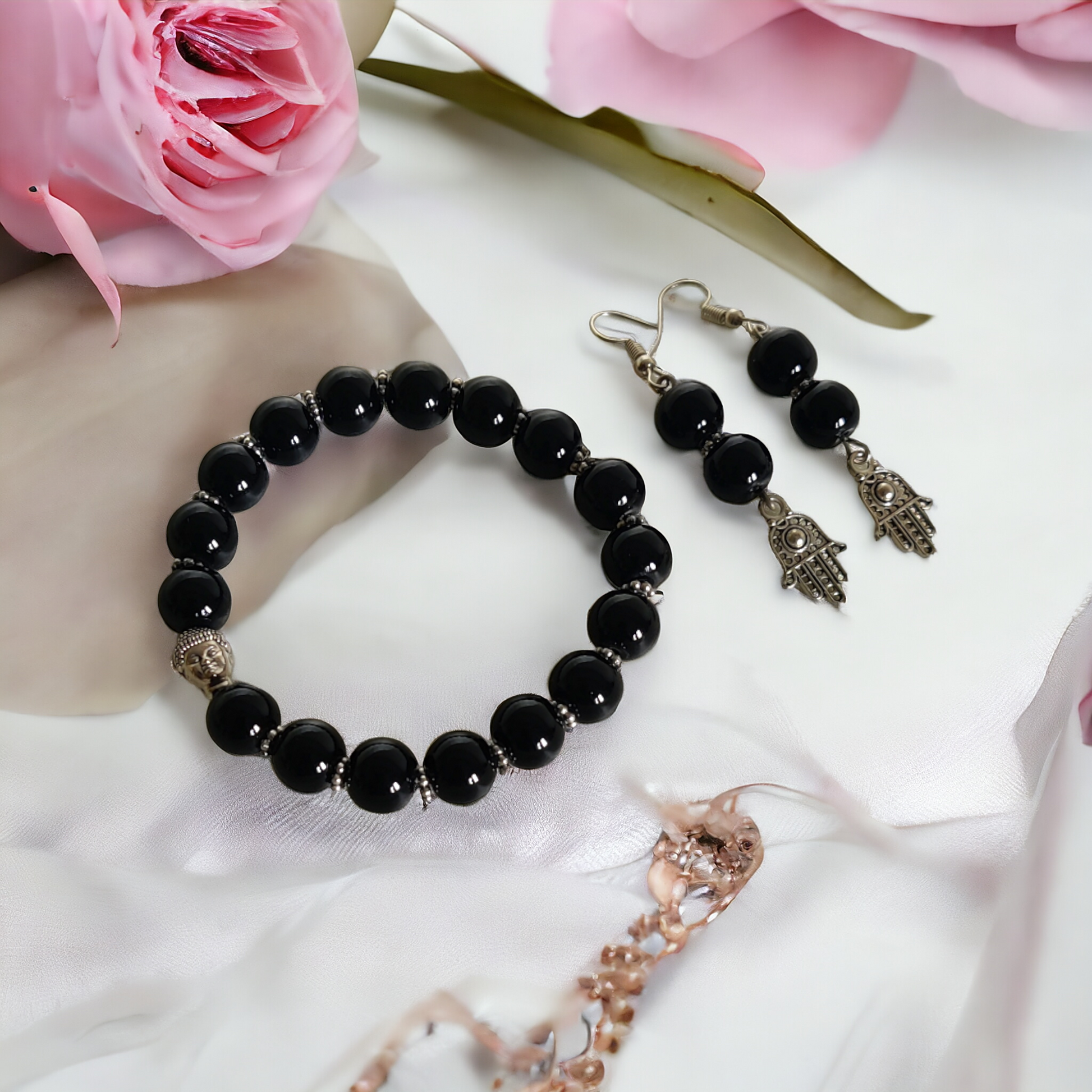 Black Glass Beads Bracelet & Earrings Set With Cute Metal Charms