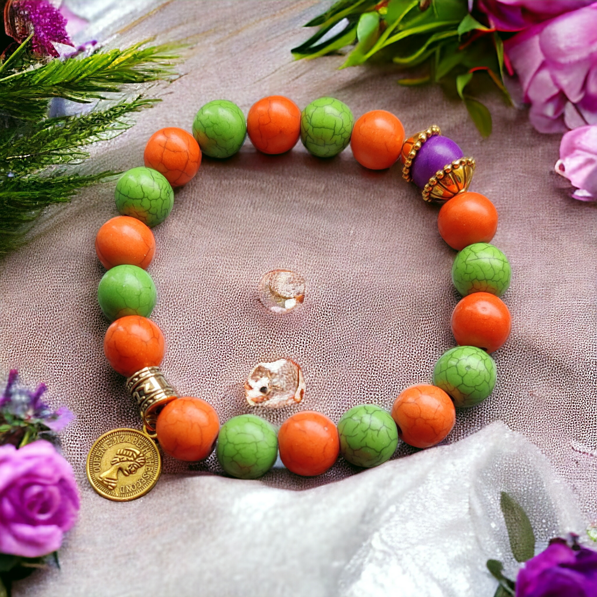 Clay Beads Bracelet - Green & Orange Color Beads