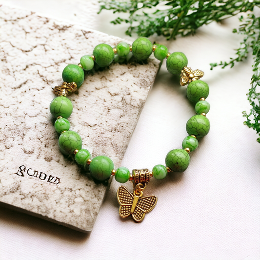 Clay Beads Bracelet With Metal Charms - Green Color