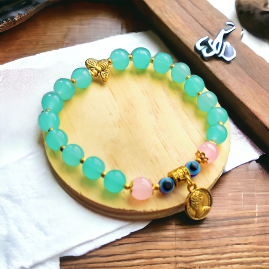 Glass Beads Bracelet - Peach & Green Beads
