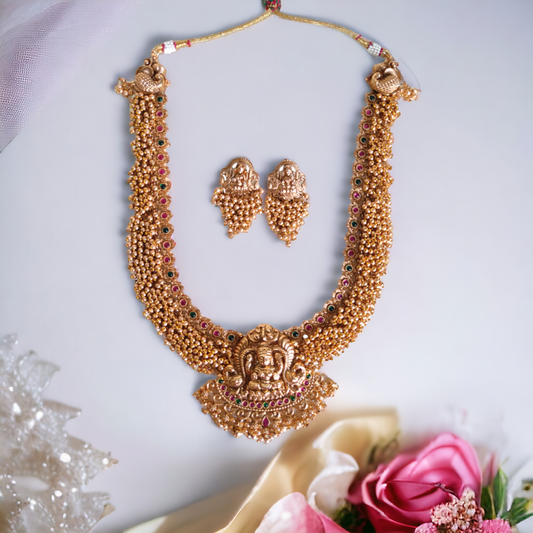 Golden Beads Lakshmi Necklace Set - Matte Finish TS12