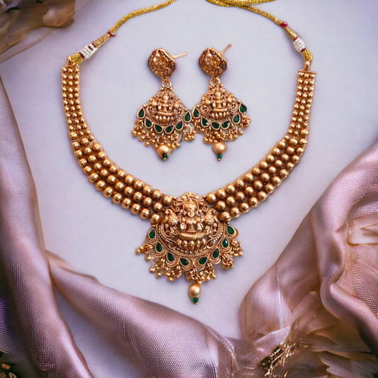 Golden Beads Studded With Green Kundan Lakshmi Necklace - TS07
