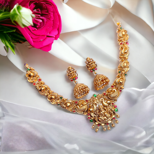 Golden Beads Studded With Red & Green Kundan Necklace Set - TS09