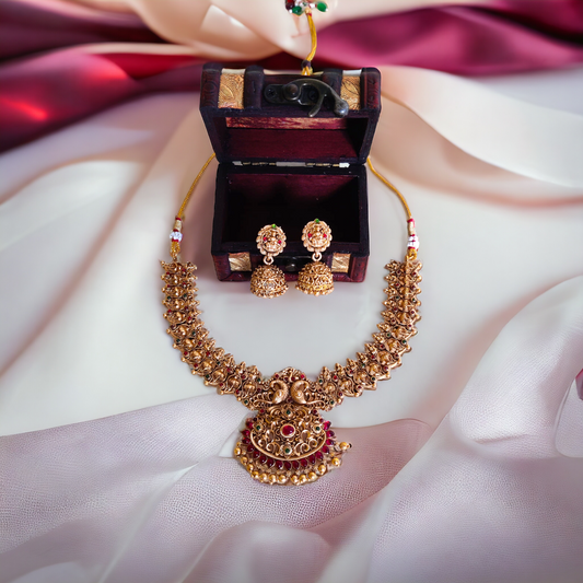 Golden Beads Studded With Red Kundan Necklace Set - TS08