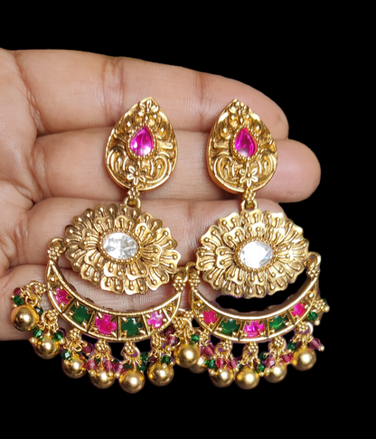 Chandbali - Green, Red & White Kundan With Hanging Golden Metal Beads - Jumbo Size
