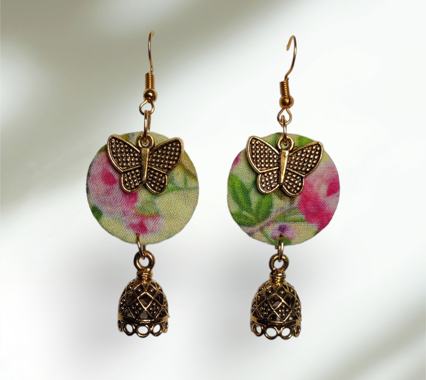 Green & Pink Floral Printed Fabric Earrings