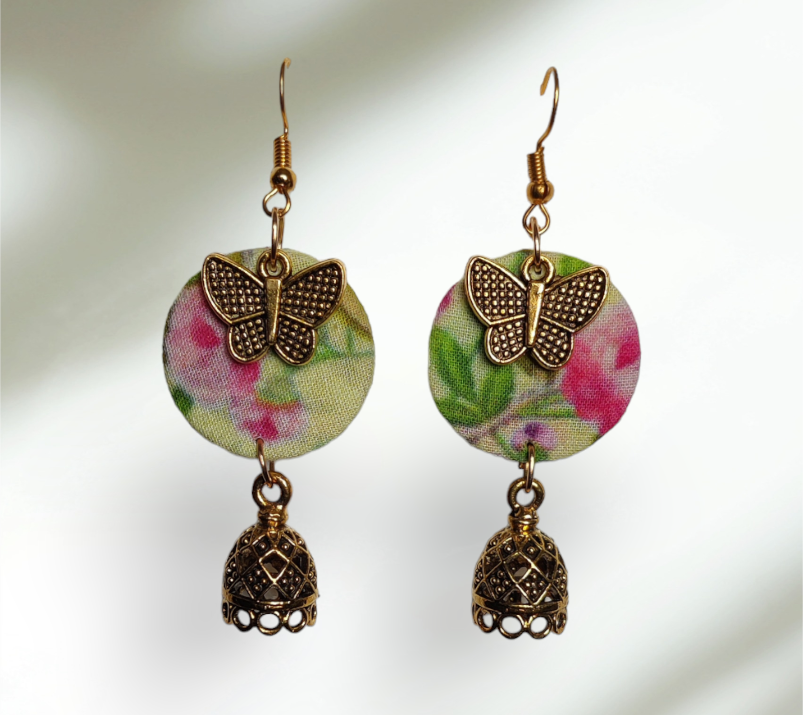 Green & Pink Floral Printed Fabric Earrings