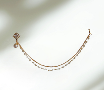 Gold Plated White Pearl Chained Nose Ring