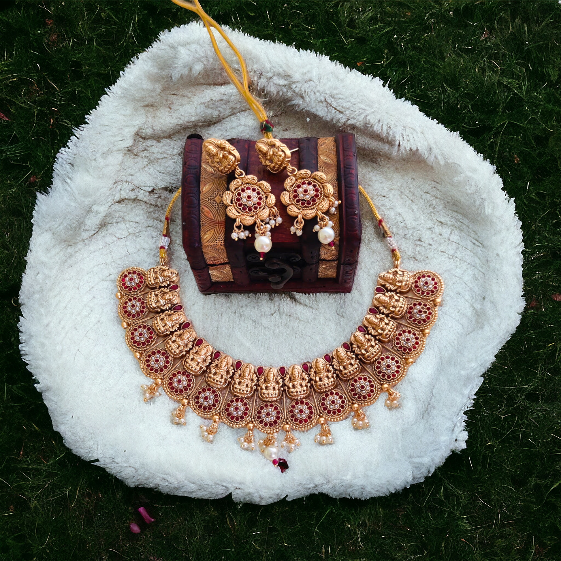 Traditional Lakshmi Pearl Necklace Set - Matte Finish TS11