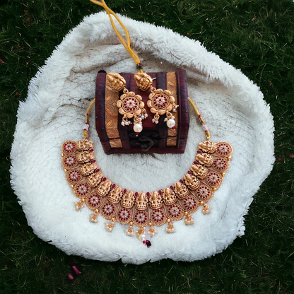 Traditional Lakshmi Pearl Necklace Set - Matte Finish TS11
