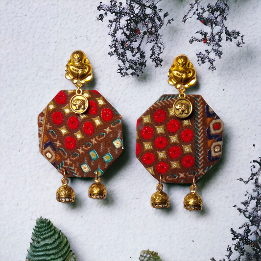 Dark Brown Printed Fabric Earrings