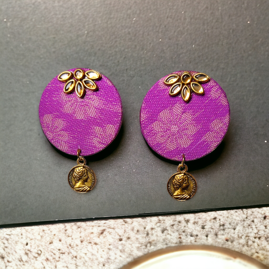 Violet Fabric Earrings With Kundan