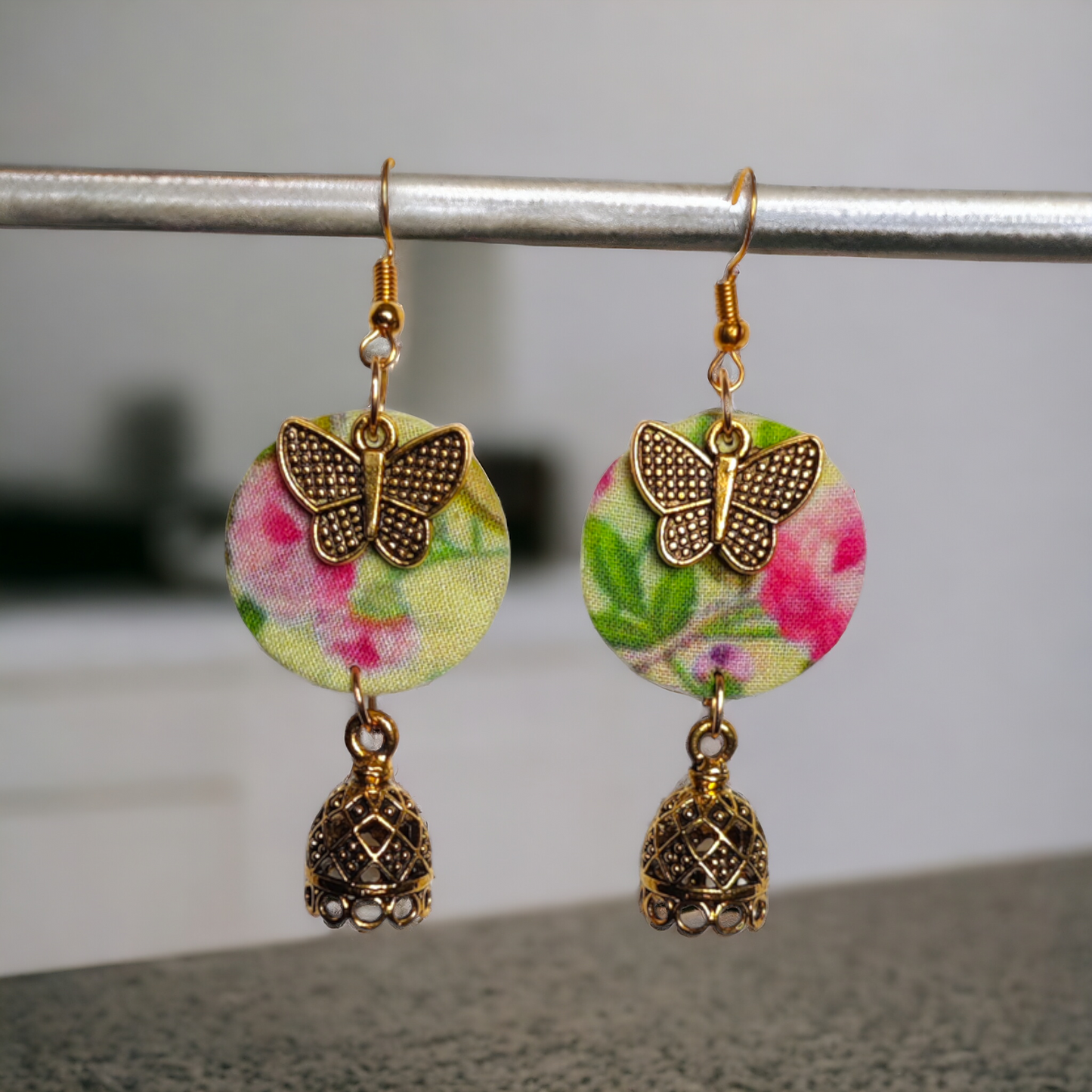 Green & Pink Floral Printed Fabric Earrings
