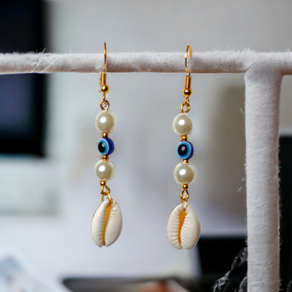 Cowrie Earrings - Evil Eye Beads & Pearls