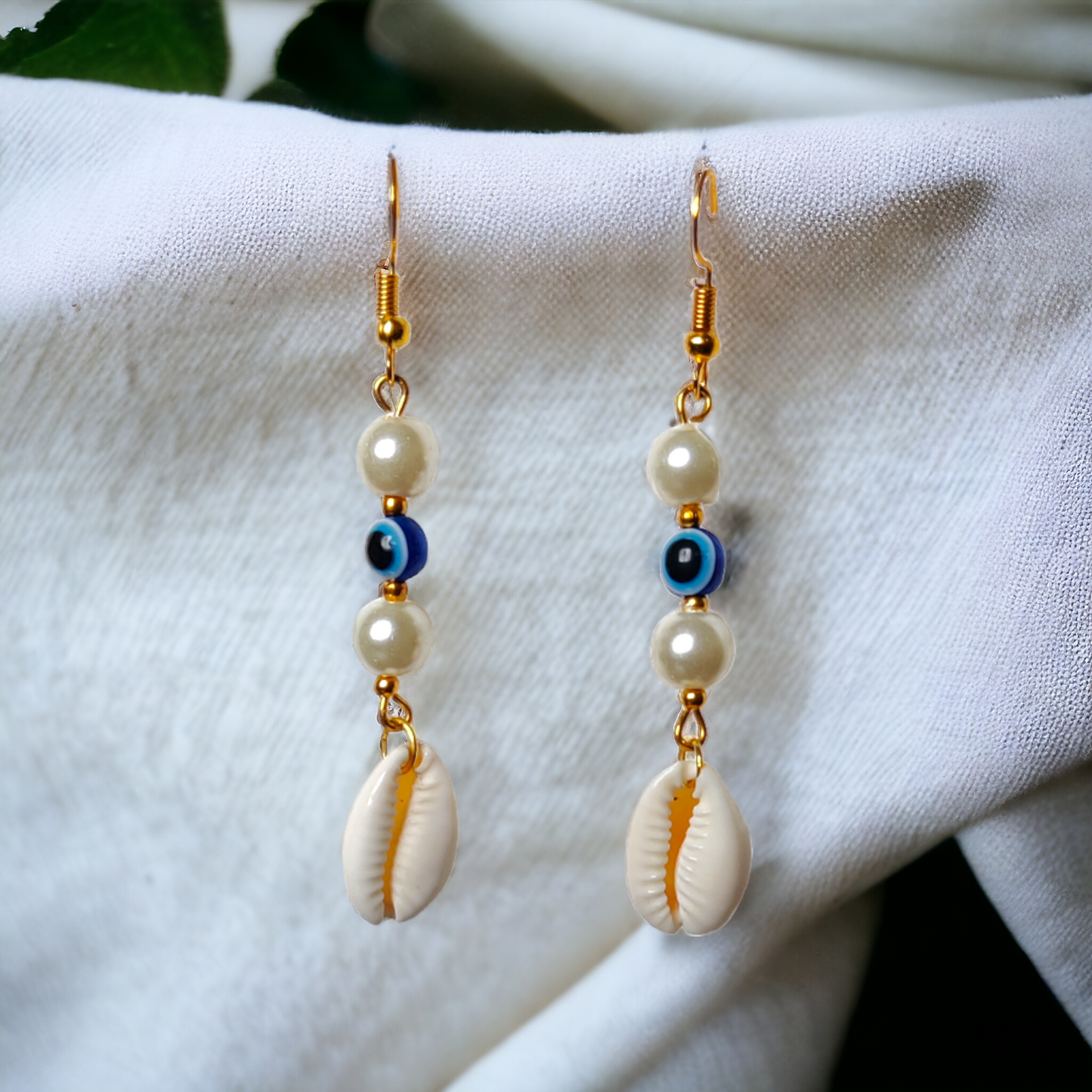 Cowrie Earrings - Evil Eye Beads & Pearls