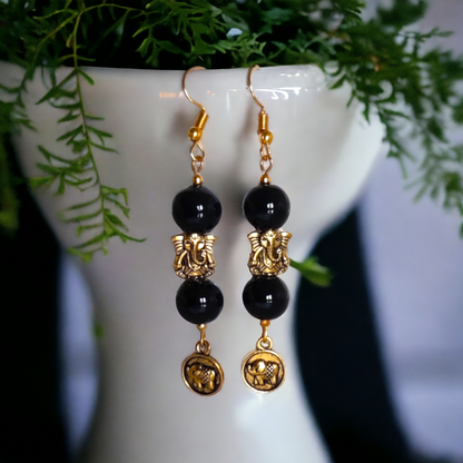 Black Beads With Ganesh Charm Earrings
