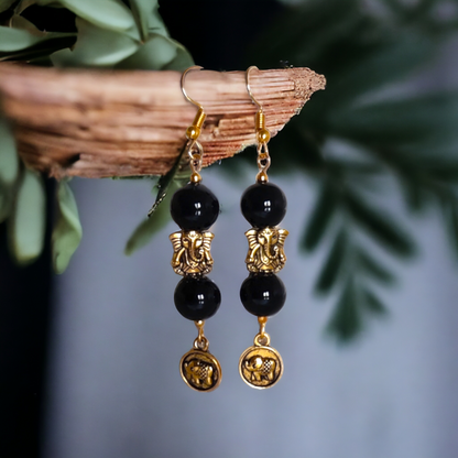 Black Beads With Ganesh Charm Earrings