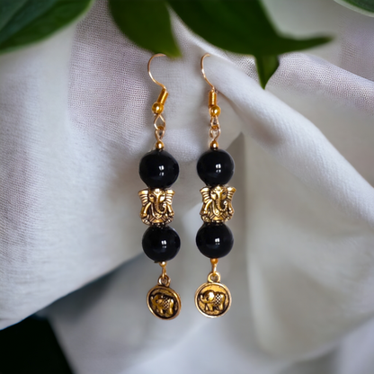 Black Beads With Ganesh Charm Earrings