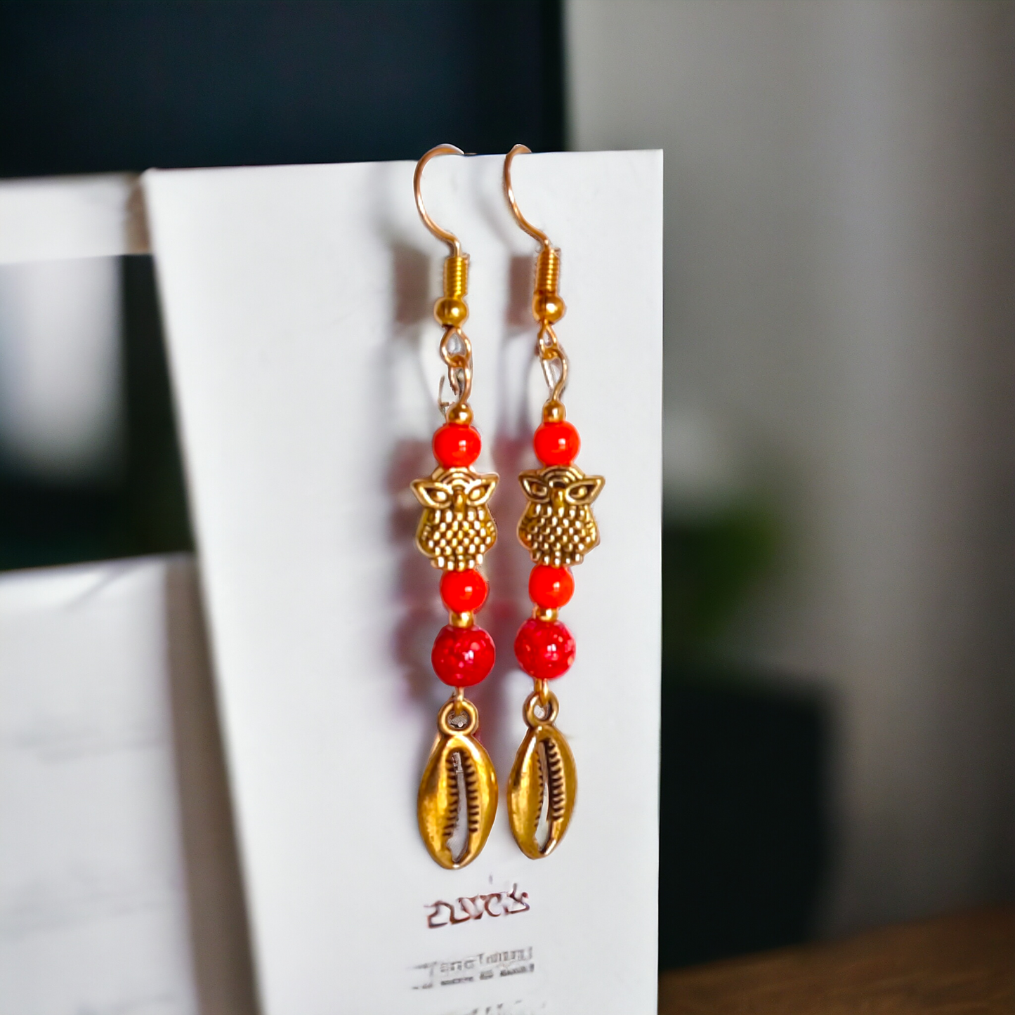 Red Clay Beads & Cowrie Charm Earrings