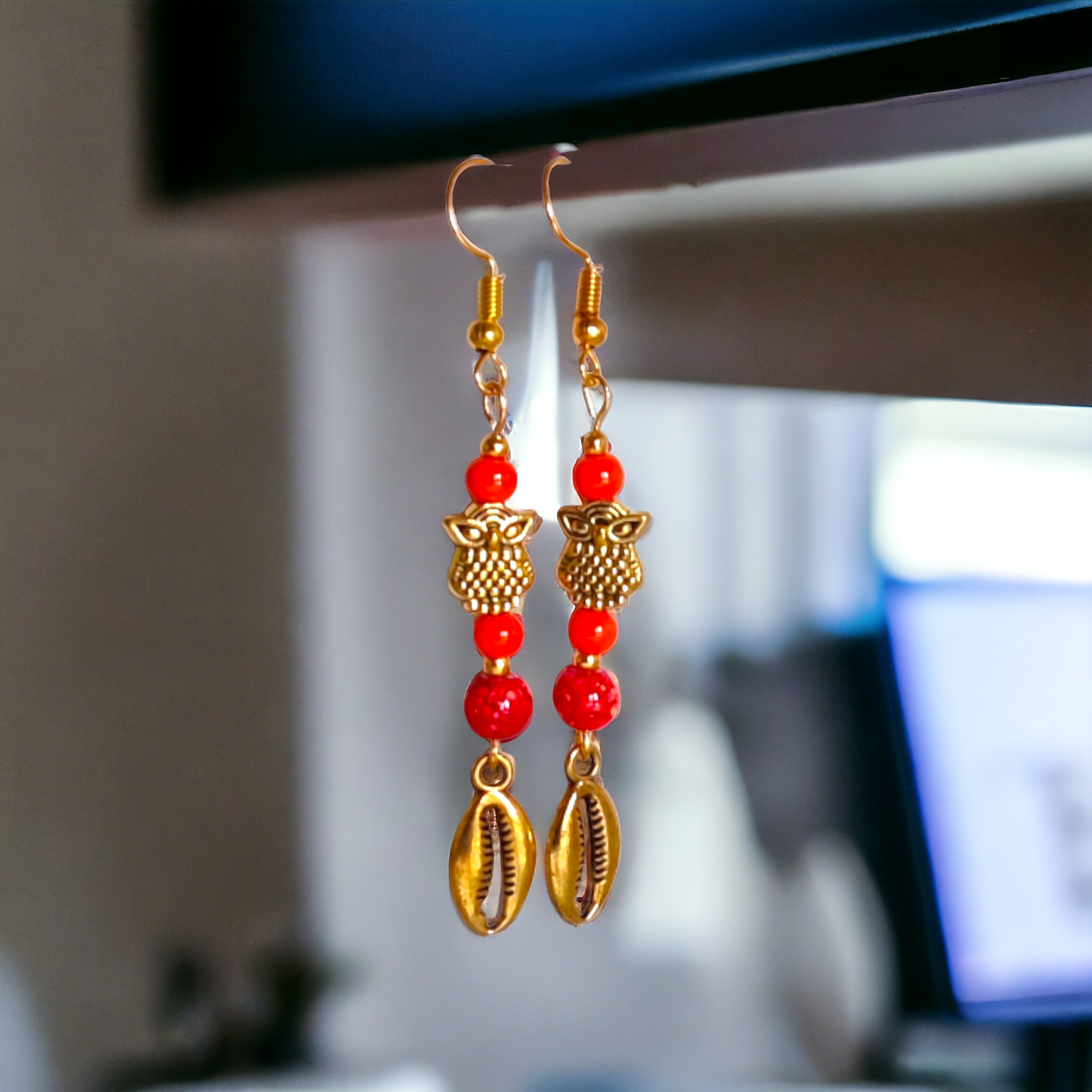 Red Clay Beads & Cowrie Charm Earrings