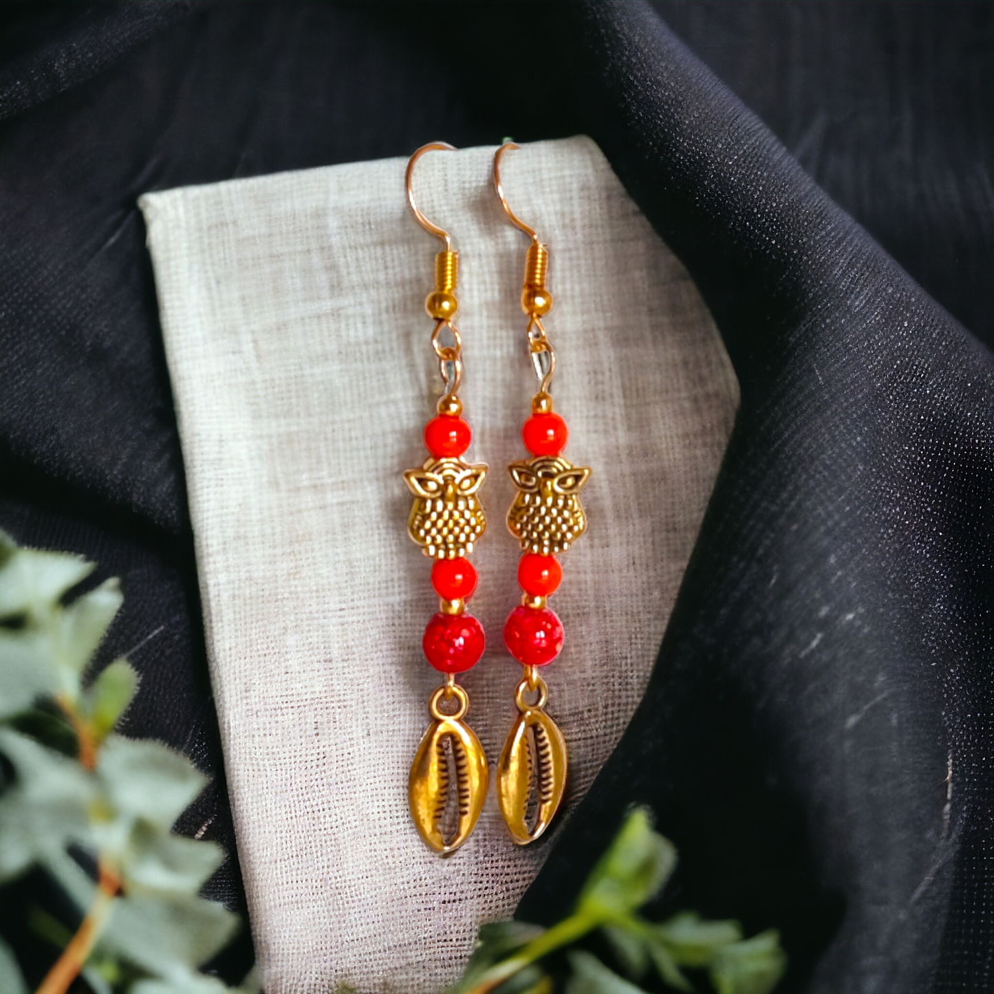Red Clay Beads & Cowrie Charm Earrings