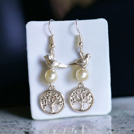 Birdy With A Pearl On Tree Earrings