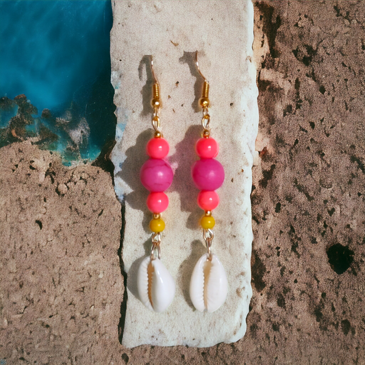 Dark Pink Clay Beads Cowrie Earrings
