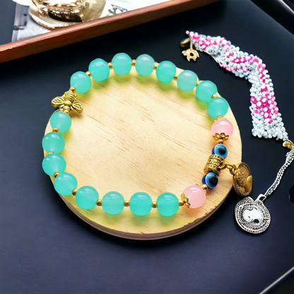 Glass Beads Bracelet - Peach & Green Beads